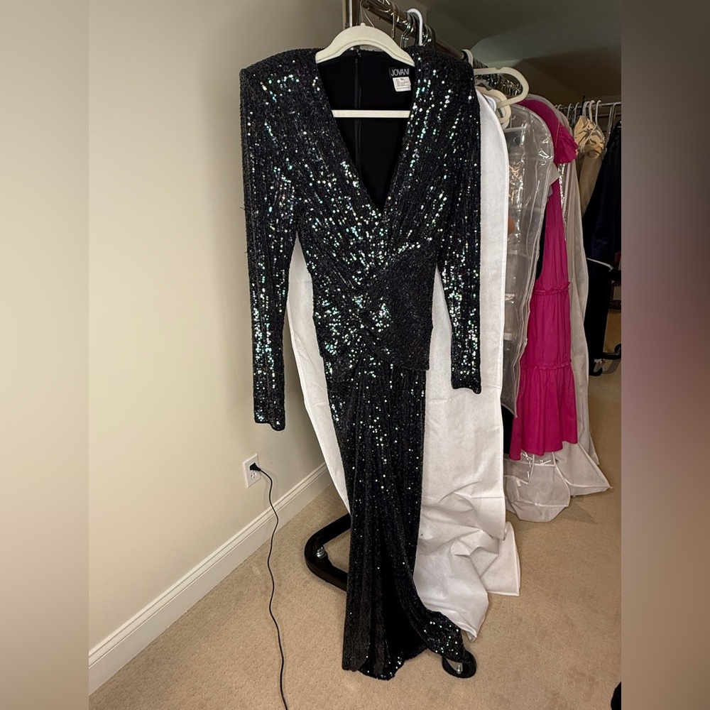 Jovani Black Oil Slick Sequin Long Sleeve Cocktail Gown